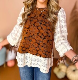Camel Floral Printed Lace Puff Sleeve Women's Top - Brown and Cream